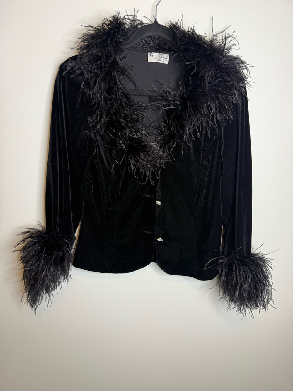 Bellissima Black Velvet Feather-Trim Cardigan Jacket size medium